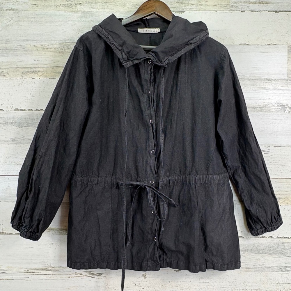 Cut Loose Black Metallic Hooded Snap Front Drawstring Utility Jacket Size S‎